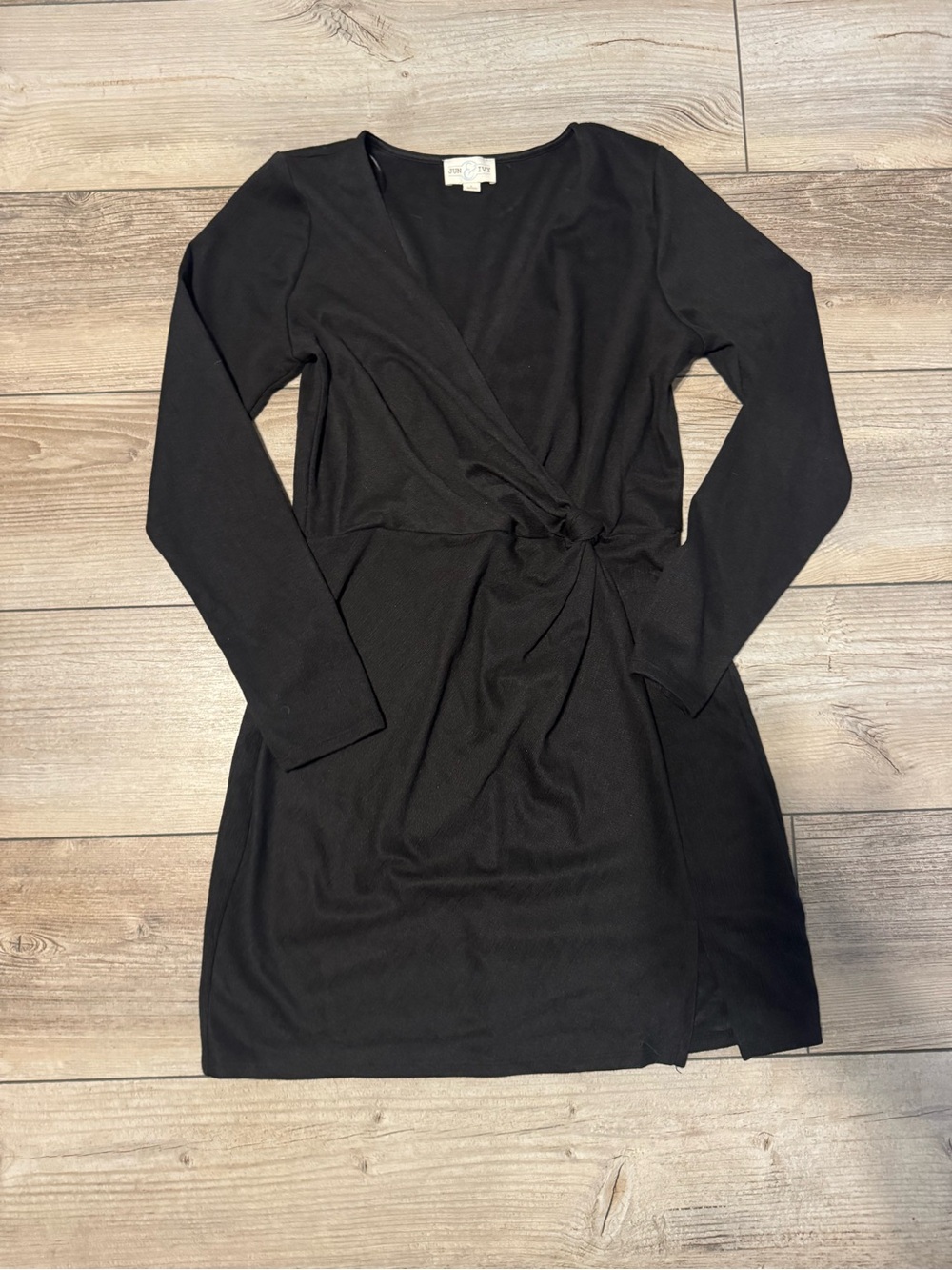 June & Ivy Black Wrap-Front Long Sleeve Dress